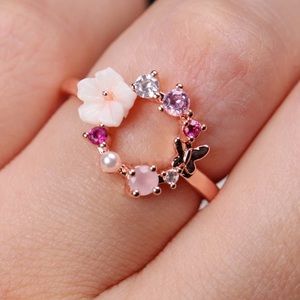 Rose Gold Flower & Butterfly Circle Ring